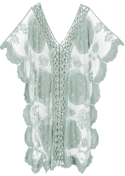 Cárdigan de crochet de encaje para mujer, traje de baño de bikini largo transparente 