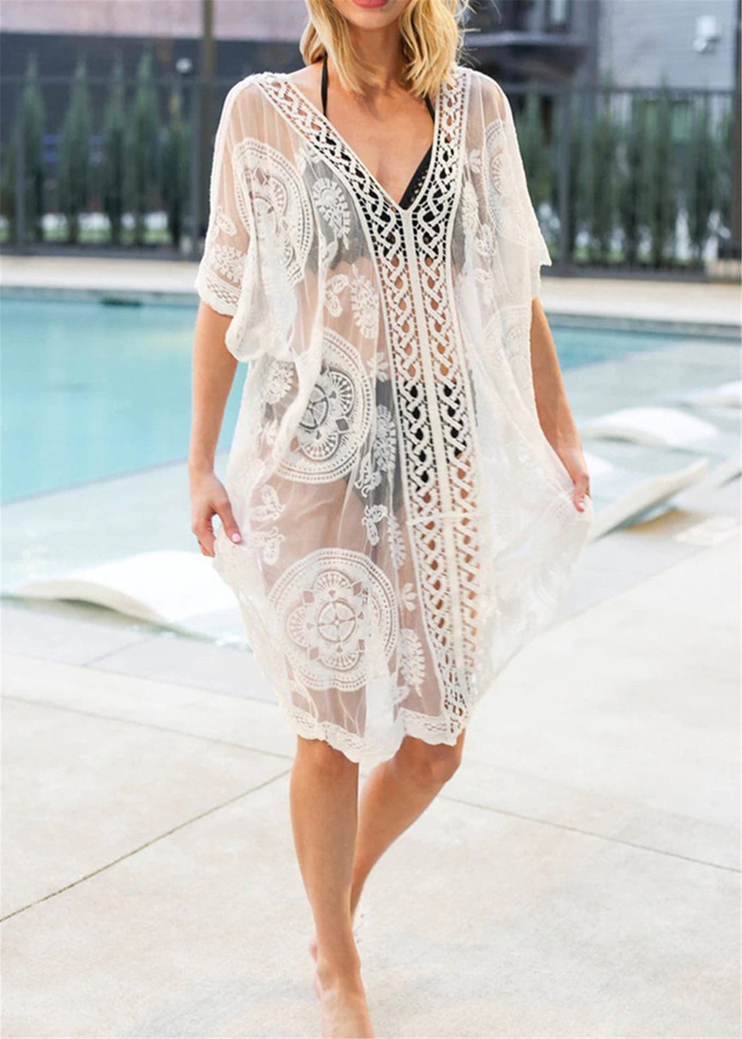 Cárdigan de crochet de encaje para mujer, traje de baño de bikini largo transparente 