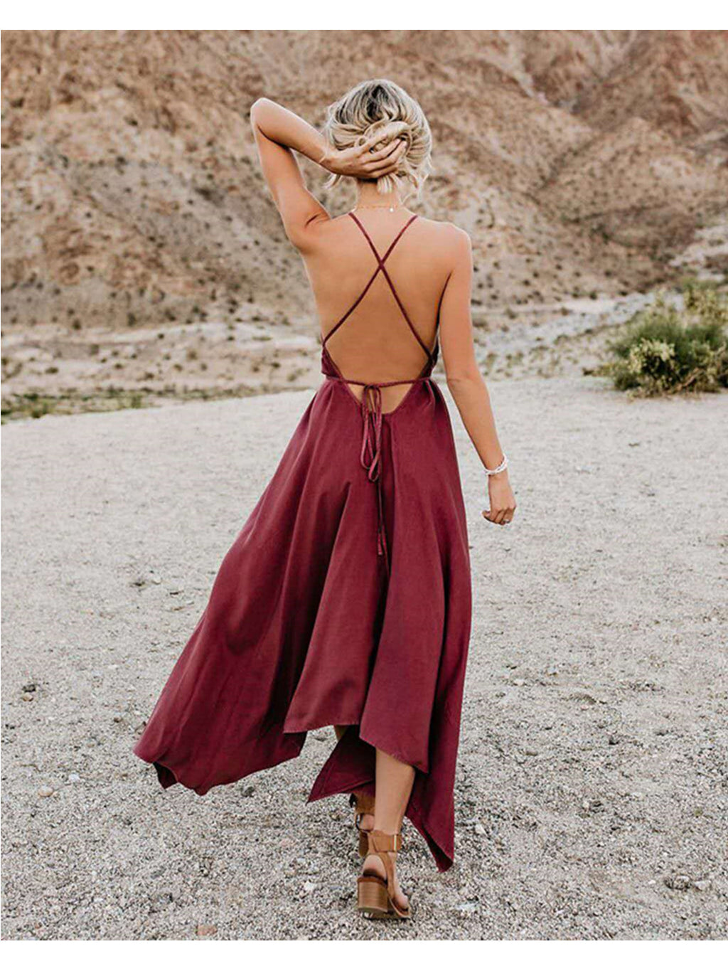Handkerchief Maxi Backless Strap Dress, X-Large / Red Handkerchief Maxi Backless Strap Dress, X-Large / Red