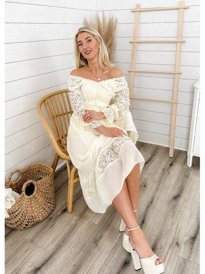 Vestido largo de otoño con escote en V y manga larga con encaje para mujer