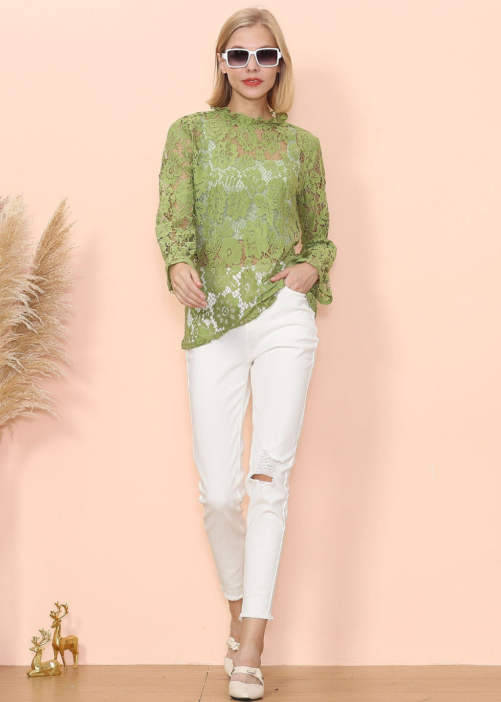 Layering Lace Puffed Sleeve Sheer Top