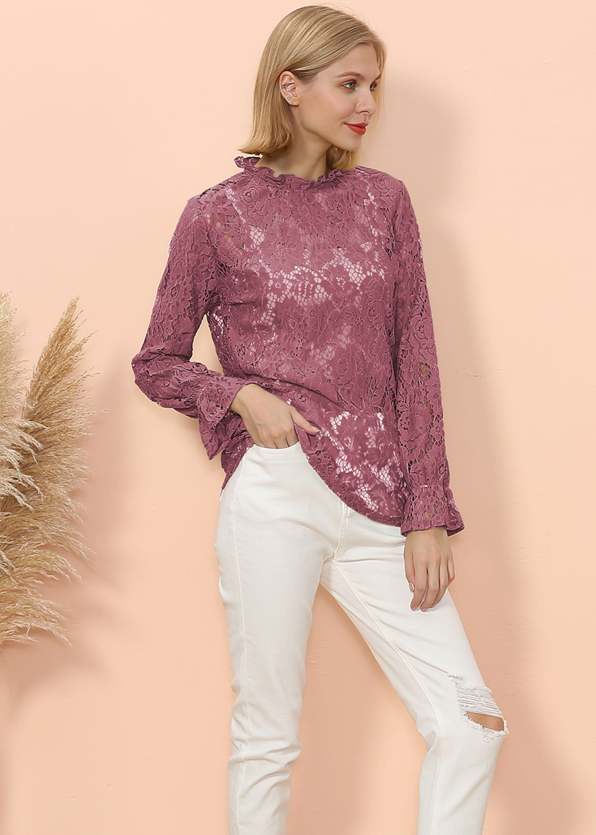 Layering Lace Puffed Sleeve Sheer Top