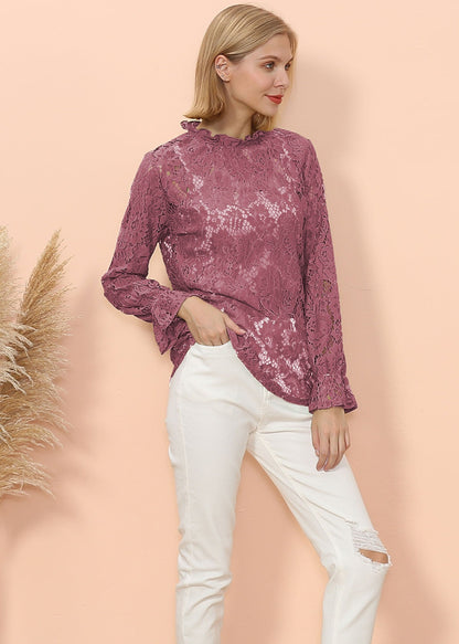 Blusa transparente con mangas abullonadas y encaje en capas