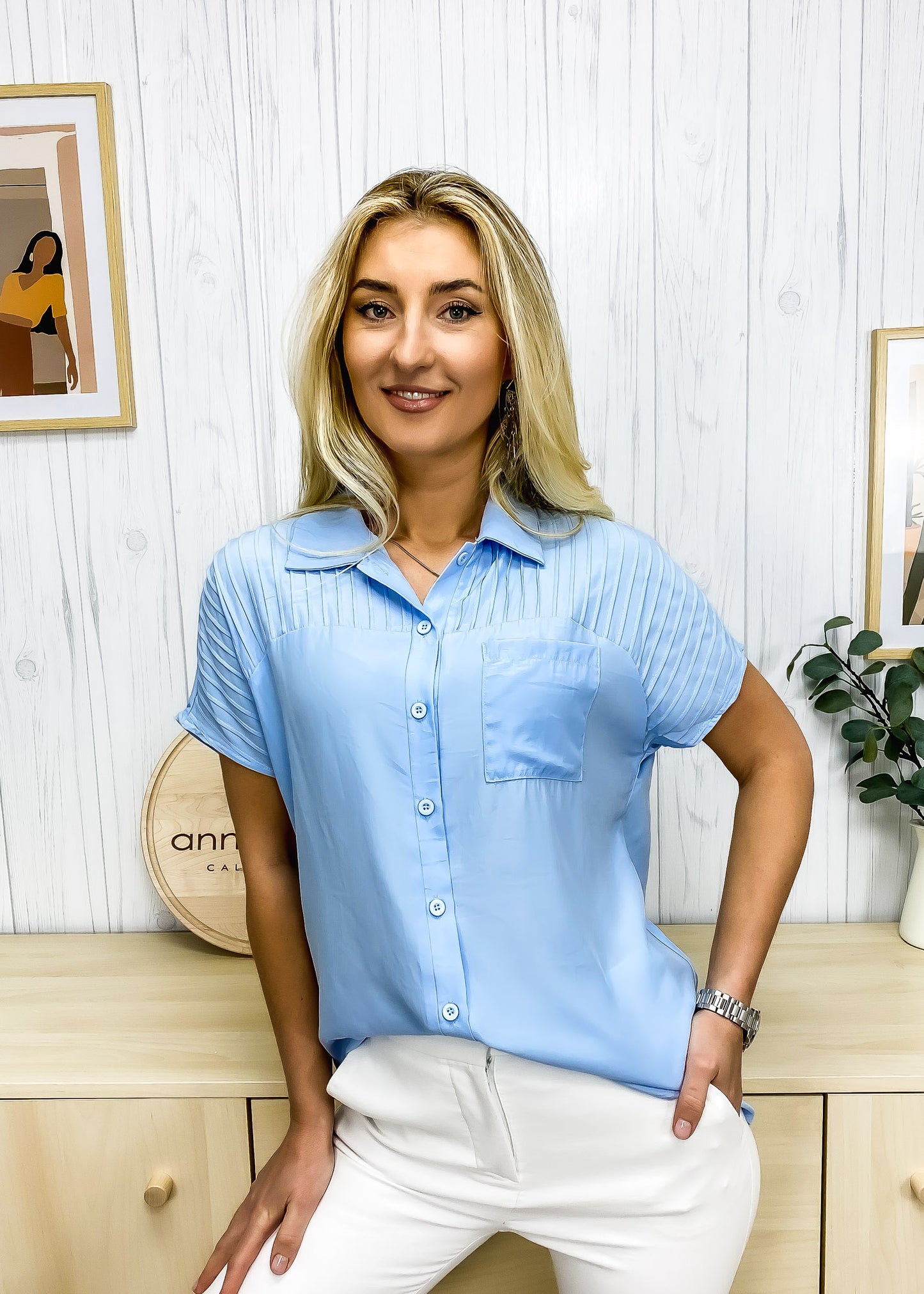 Pleated Top Button Down Shirt