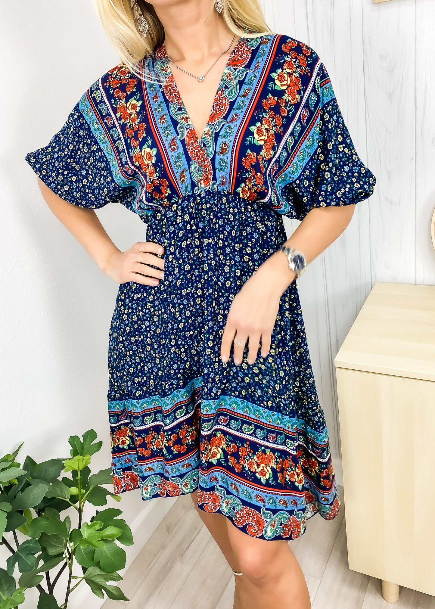 Mixed Print Asymmetrical Hem Dress