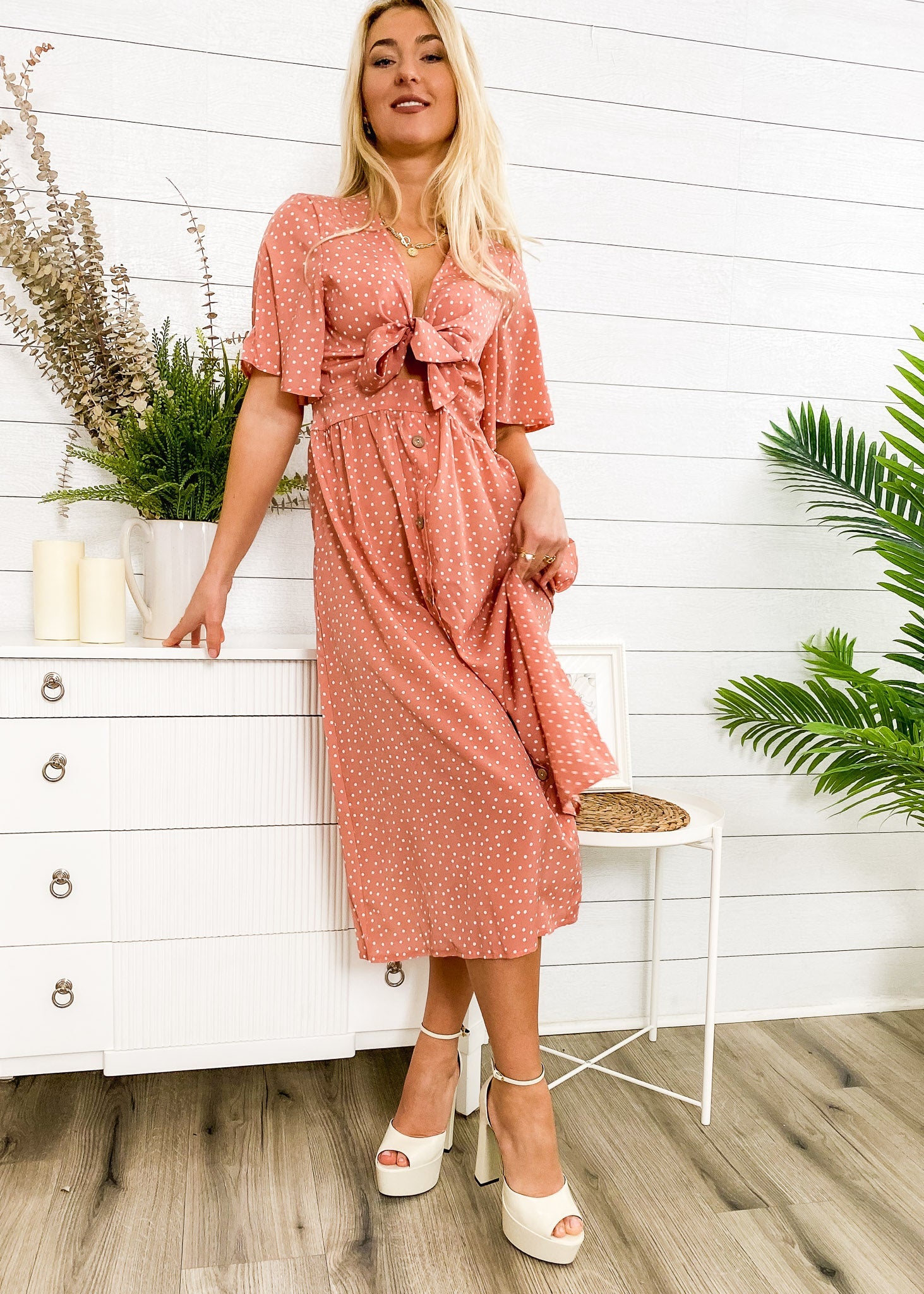 Tie Front Button Bow Tie Detail Dress