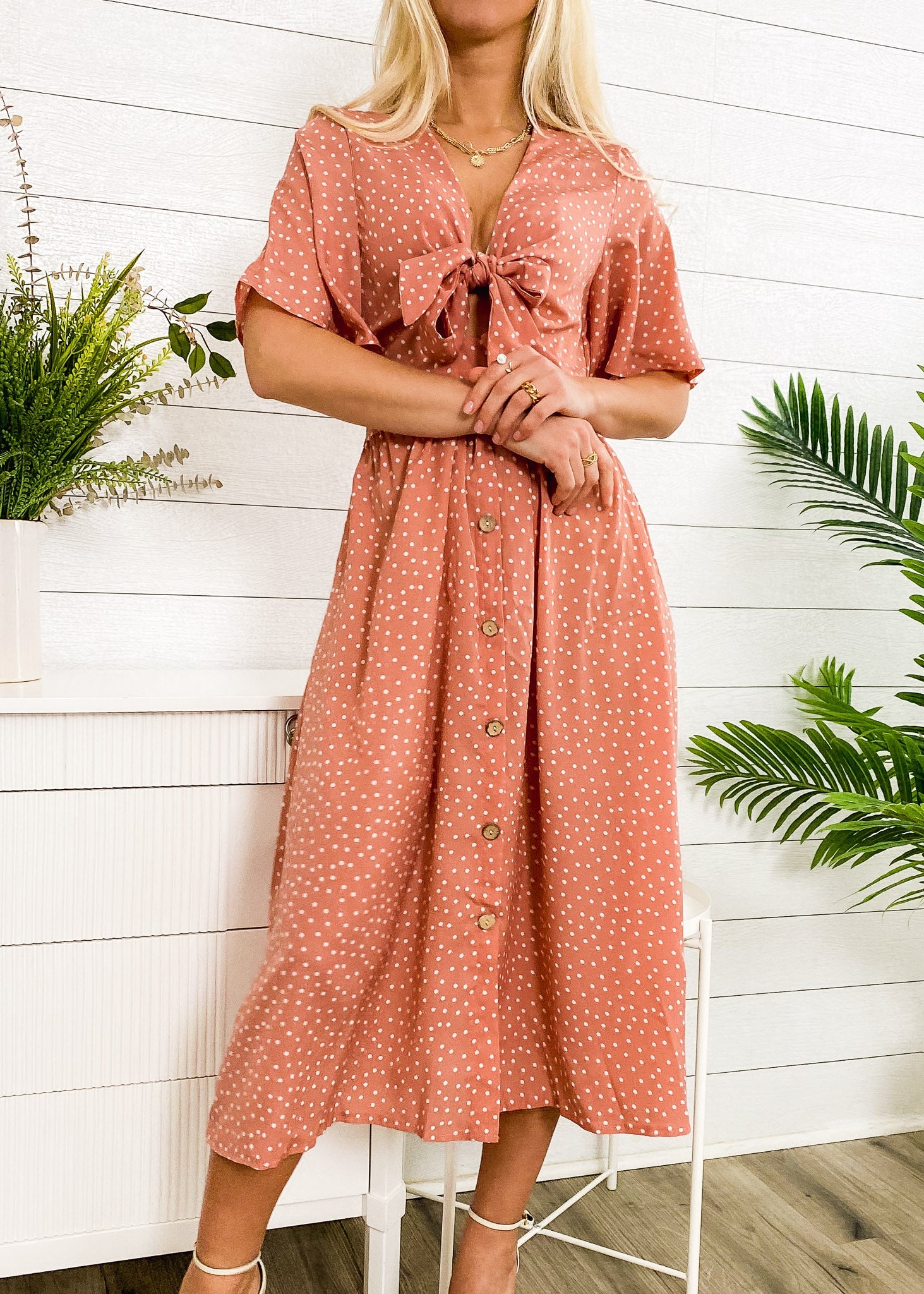 Tie Front Button Bow Tie Detail Dress
