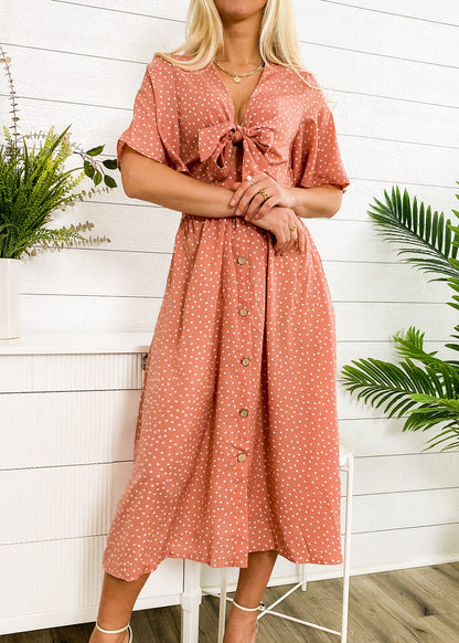 Tie Front Button Bow Tie Detail Dress