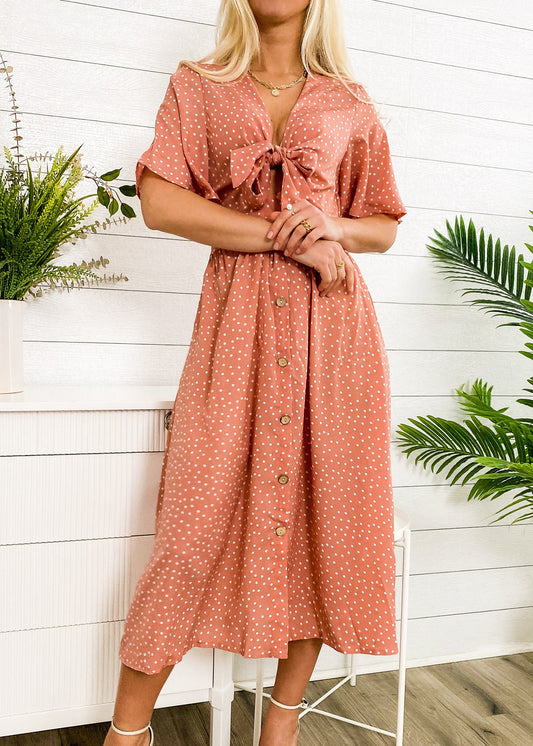 Tie Front Button Bow Tie Detail Dress