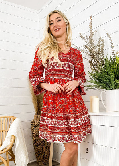 V Neck Bohemian Print Dress