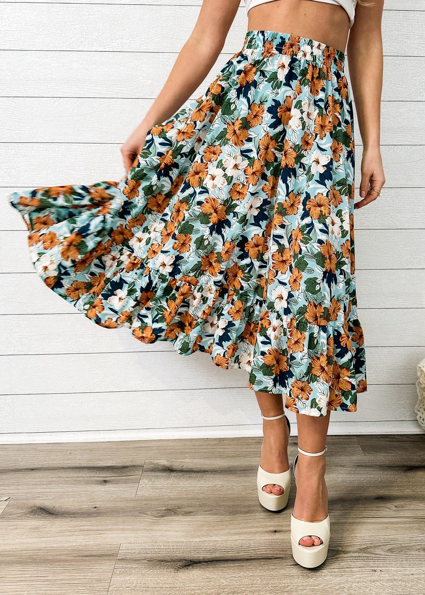Gartered Floral Print Midi Skirt