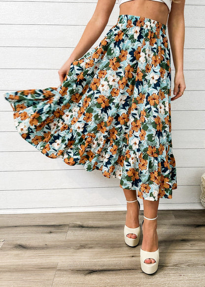 Gartered Floral Print Midi Skirt