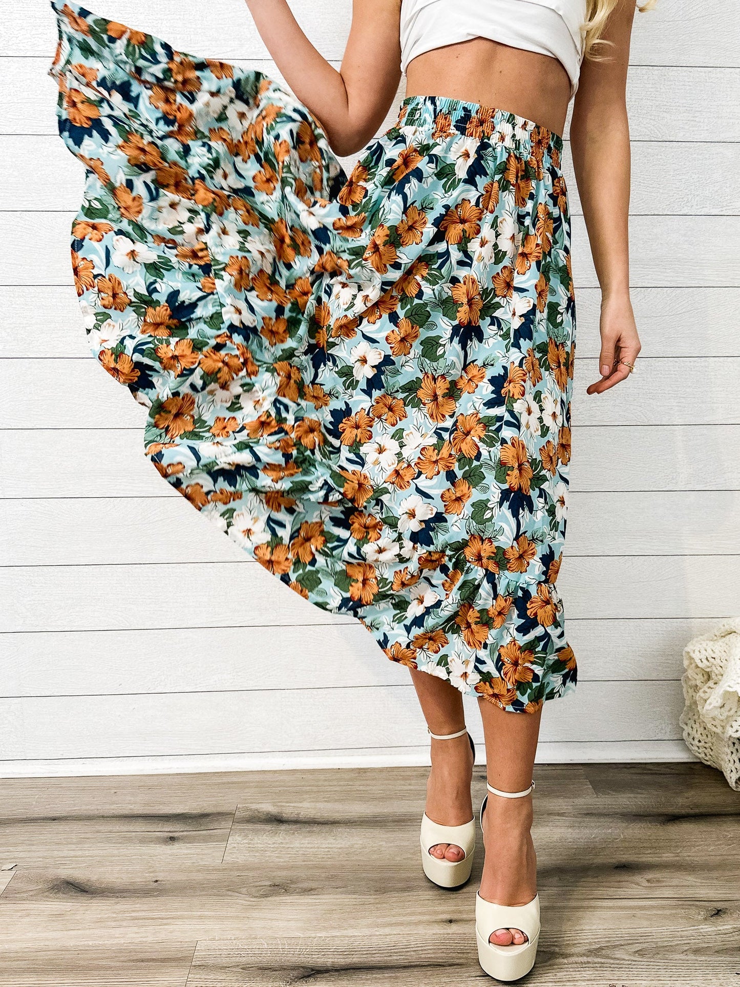 Gartered Floral Print Midi Skirt