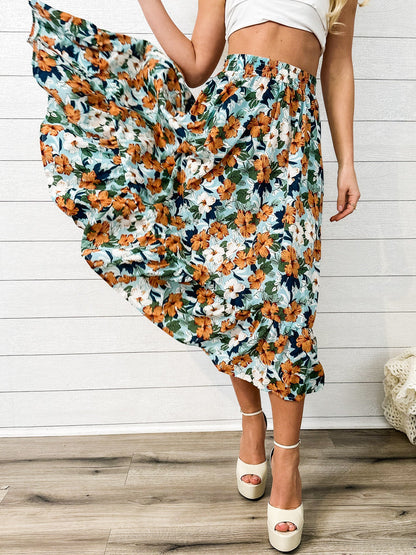 Gartered Floral Print Midi Skirt