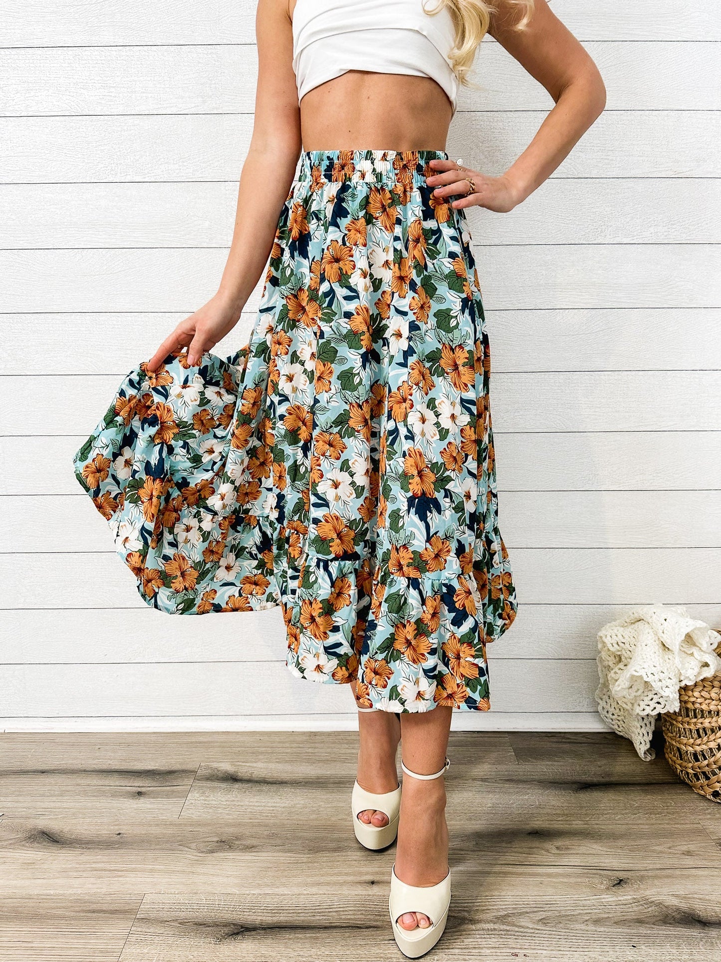 Gartered Floral Print Midi Skirt
