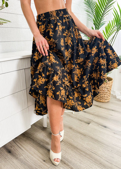 Gartered Floral Print Midi Skirt