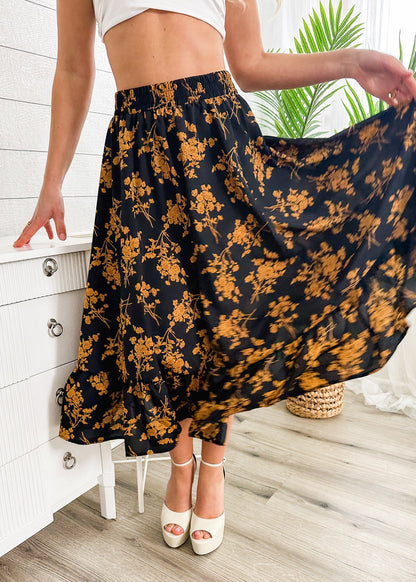 Gartered Floral Print Midi Skirt