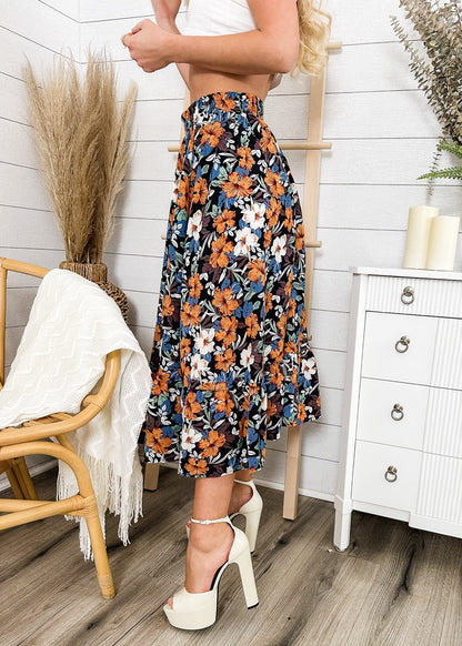 Gartered Floral Print Midi Skirt