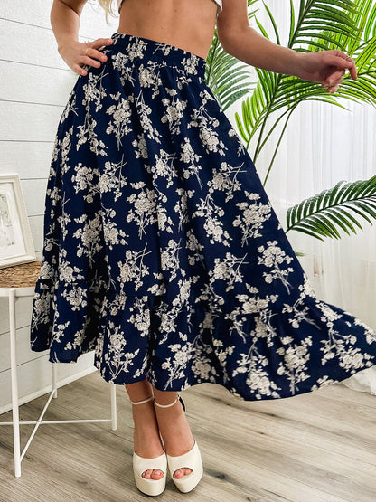 Gartered Floral Print Midi Skirt