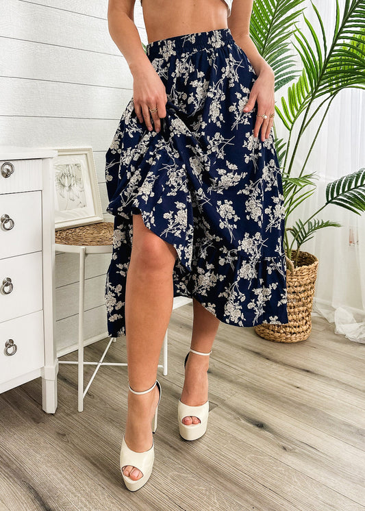 Gartered Floral Print Midi Skirt