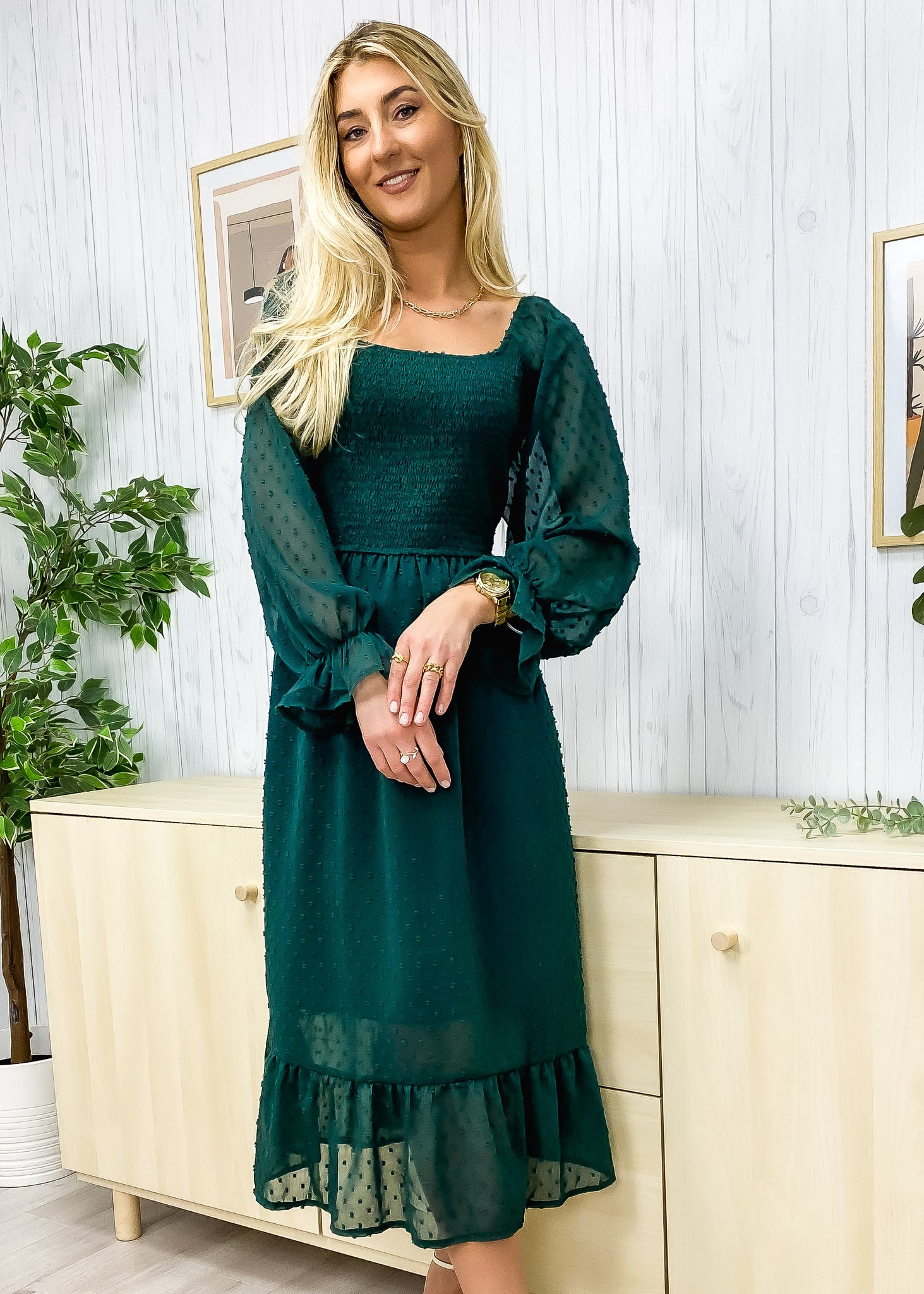 Square Neck Swiss Dot Long Sleeve Midi Dress Mid-Calf Length – Anna-Kaci