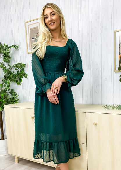 Square Neck Swiss Dot Midi Dress