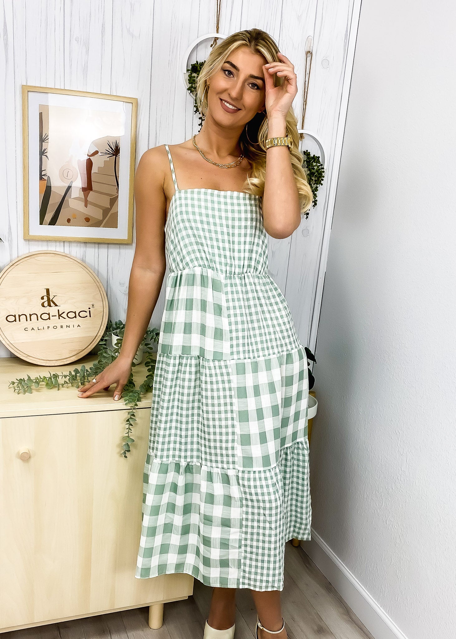 Vestido de cuadros vichy mixtos con cuello recto 