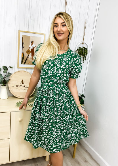 Floral Print Pleated Neck Dress