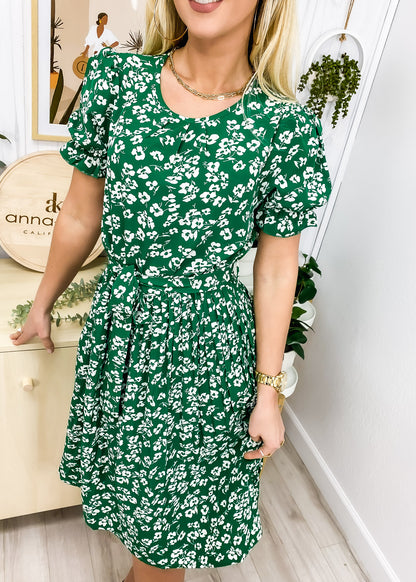 Floral Print Pleated Neck Dress