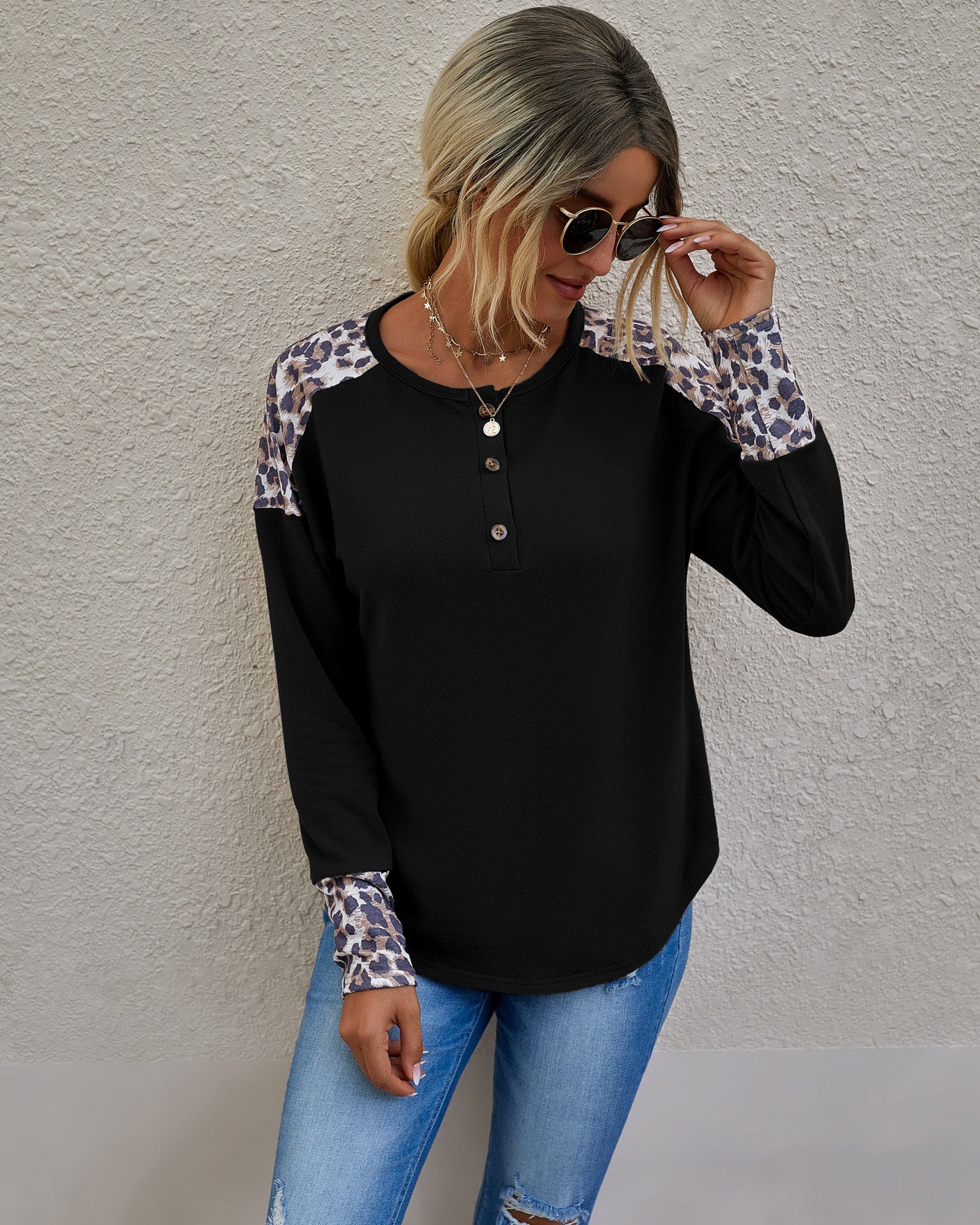 Contrast Leopard Print Detail Top