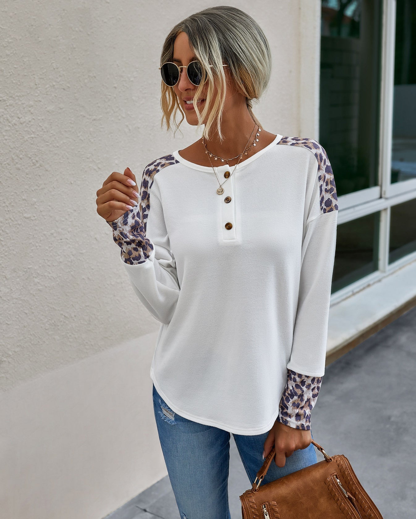 Contrast Leopard Print Detail Top