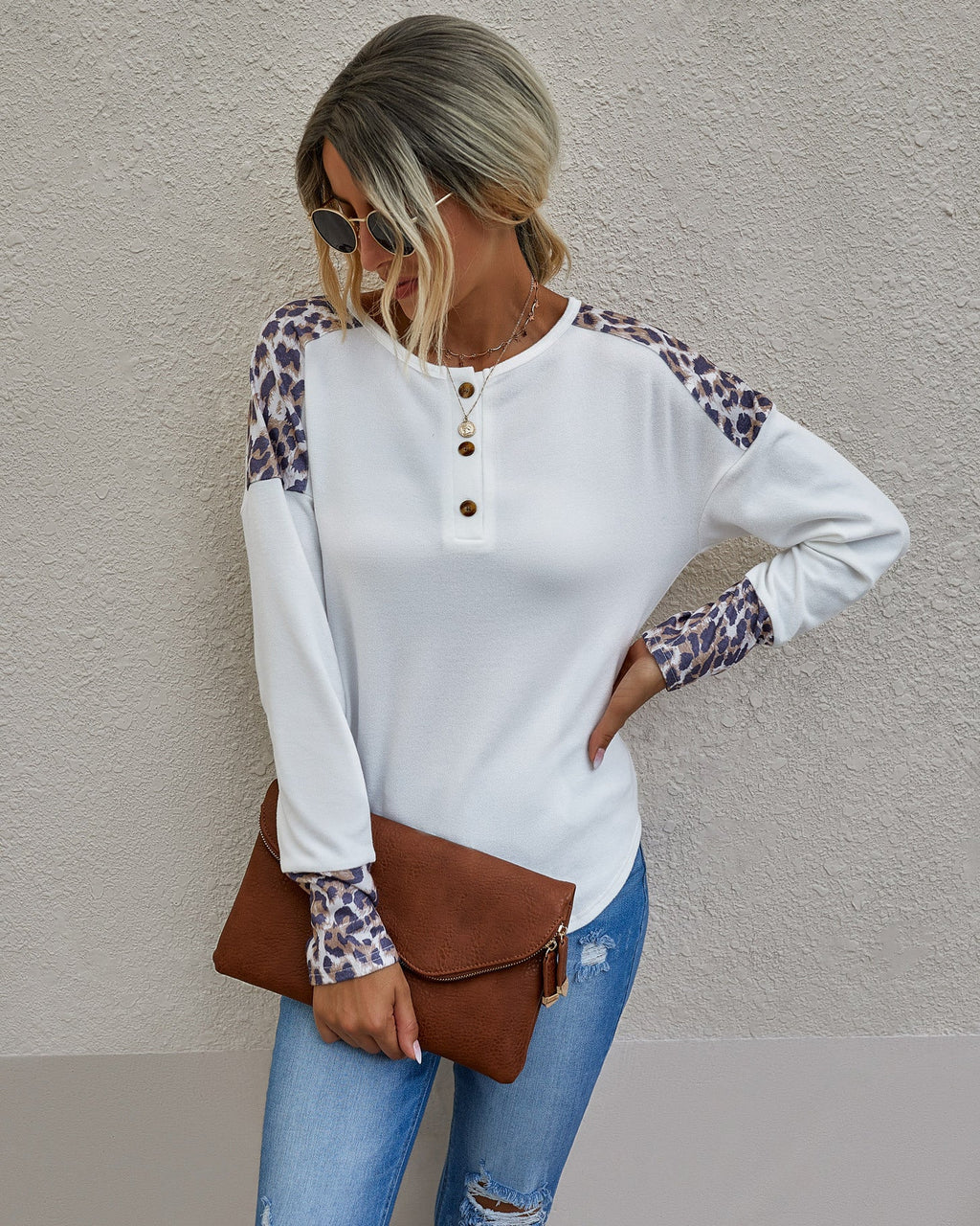 Contrast Leopard Print Detail Top