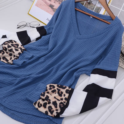 Striped and Leopard Pattern Contrast Sweater