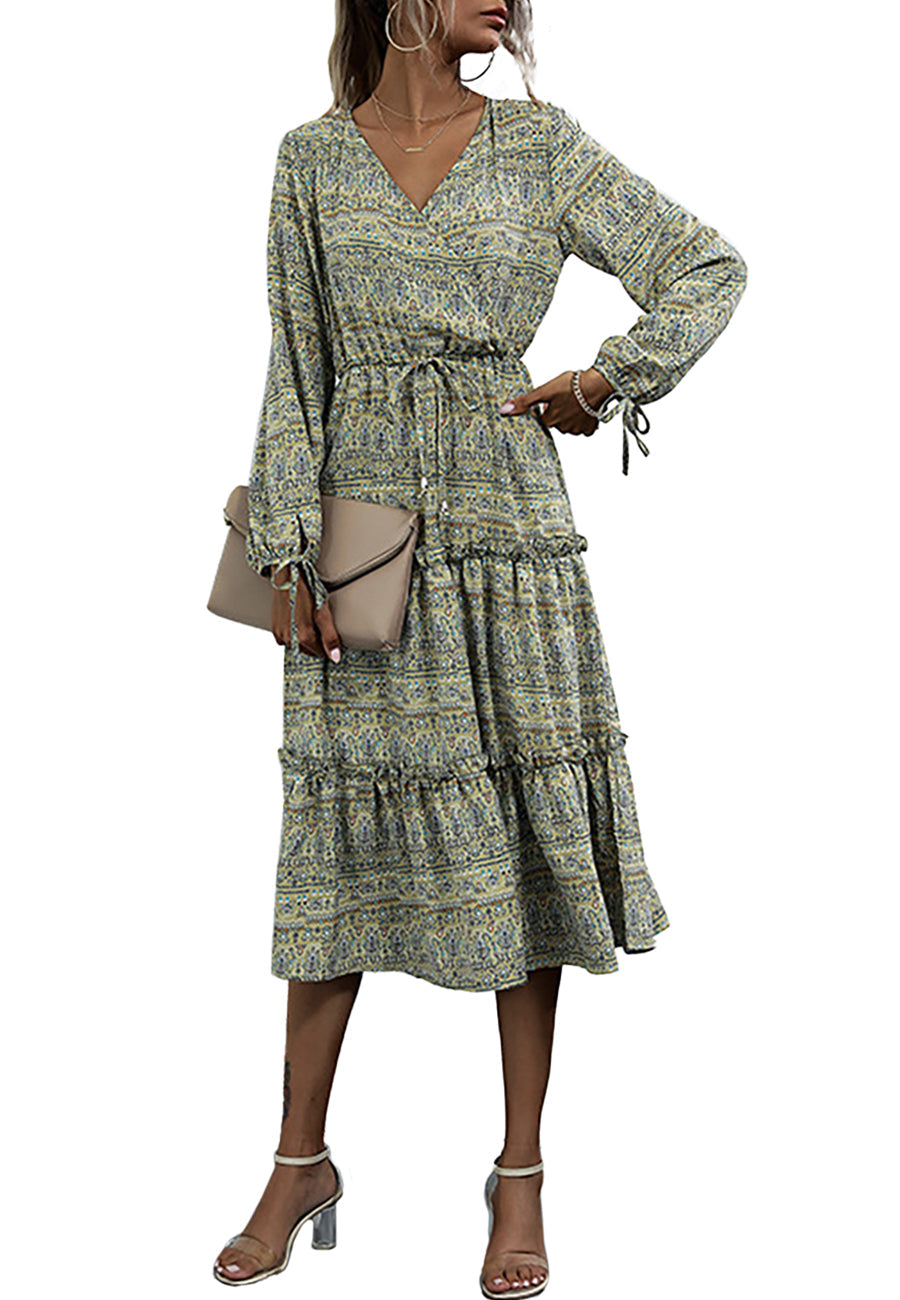 Vestido largo bohemio de manga larga con volantes 