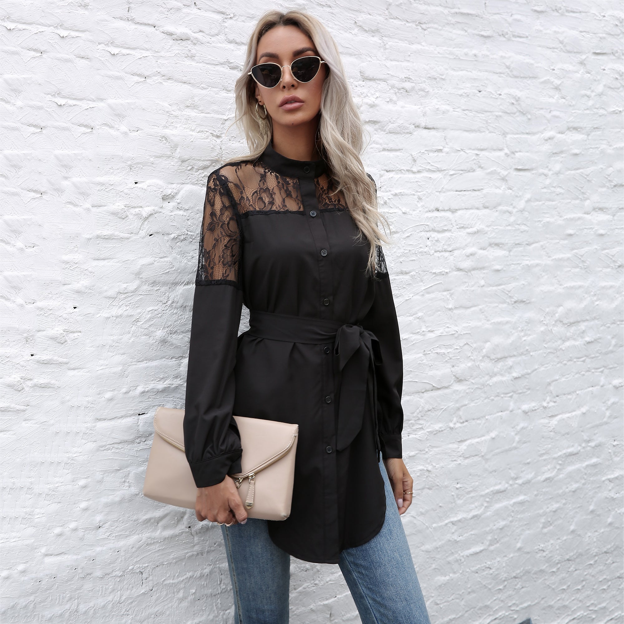 Mandarin Collar Button Down Blouse