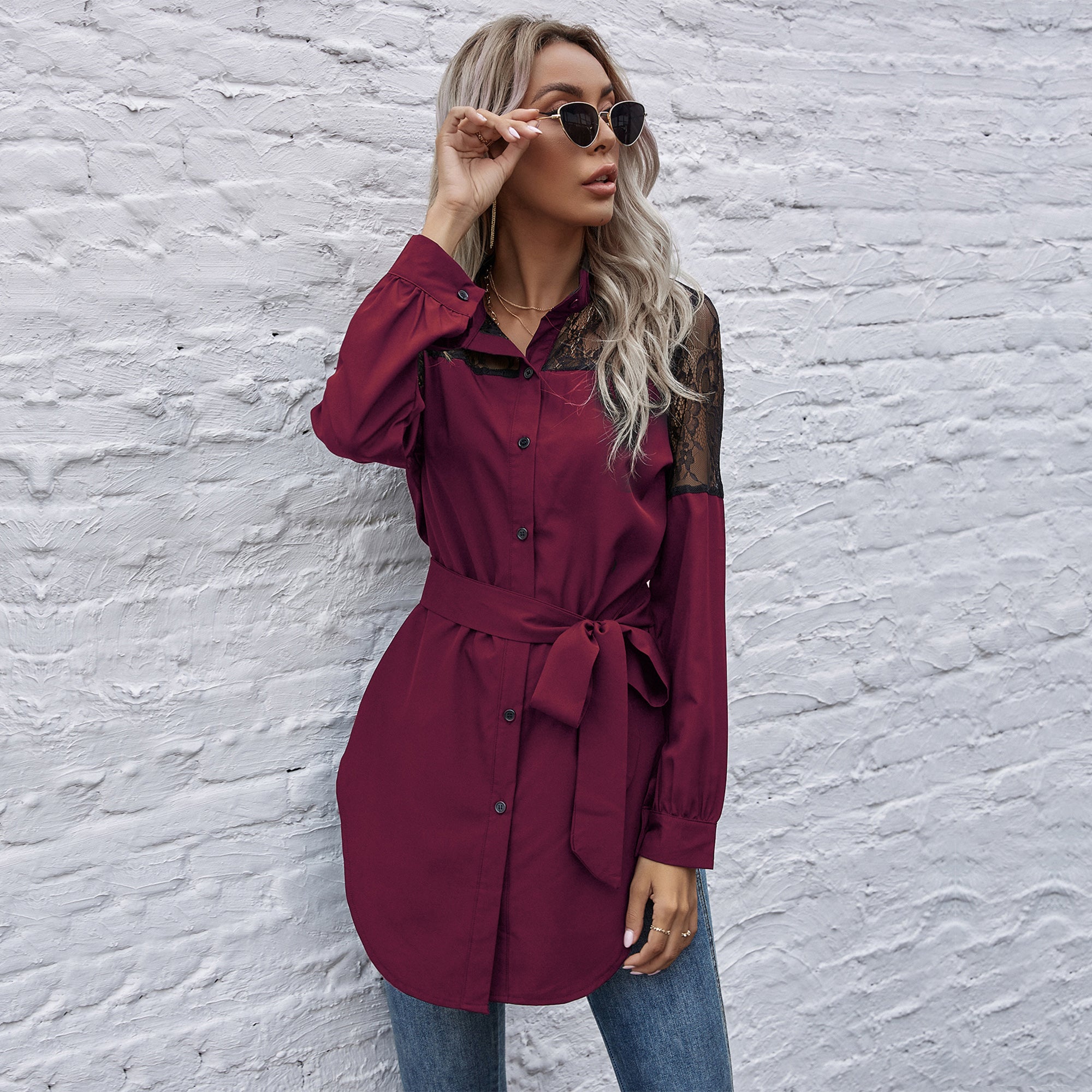 Mandarin Collar Button Down Blouse