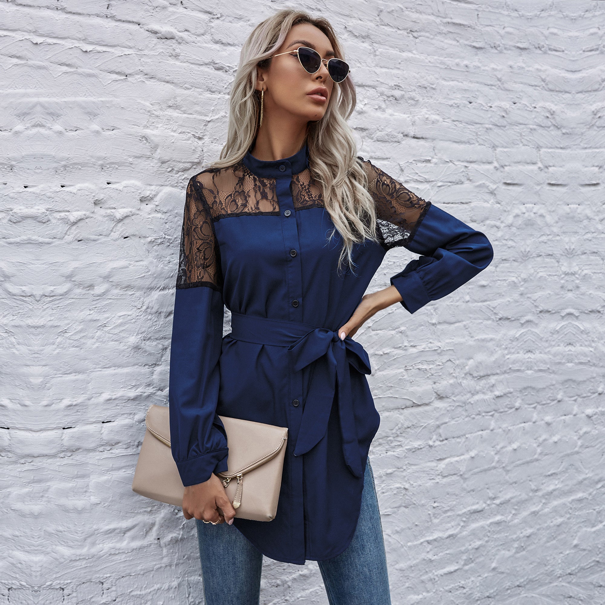 Mandarin Collar Button Down Blouse