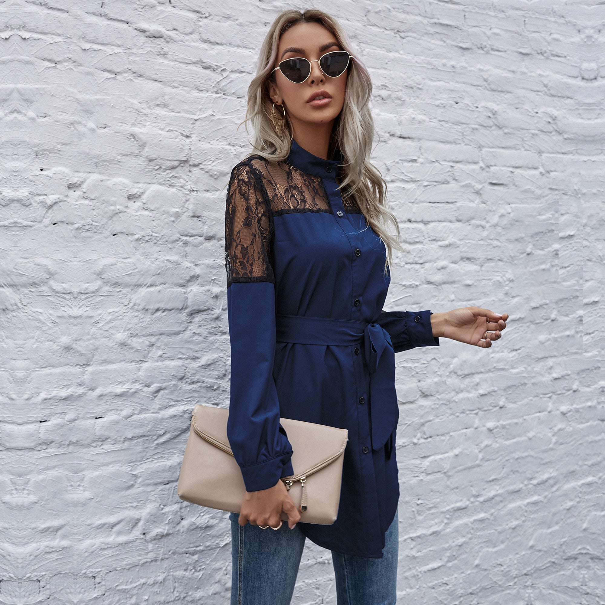 Mandarin Collar Button Down Blouse