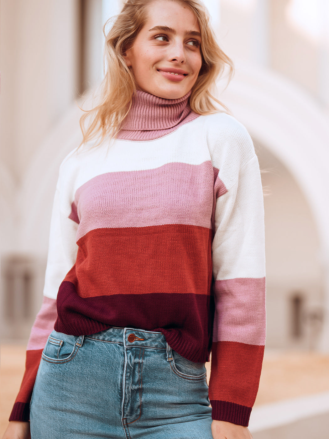 Color Block Turtleneck Cozy Sweater