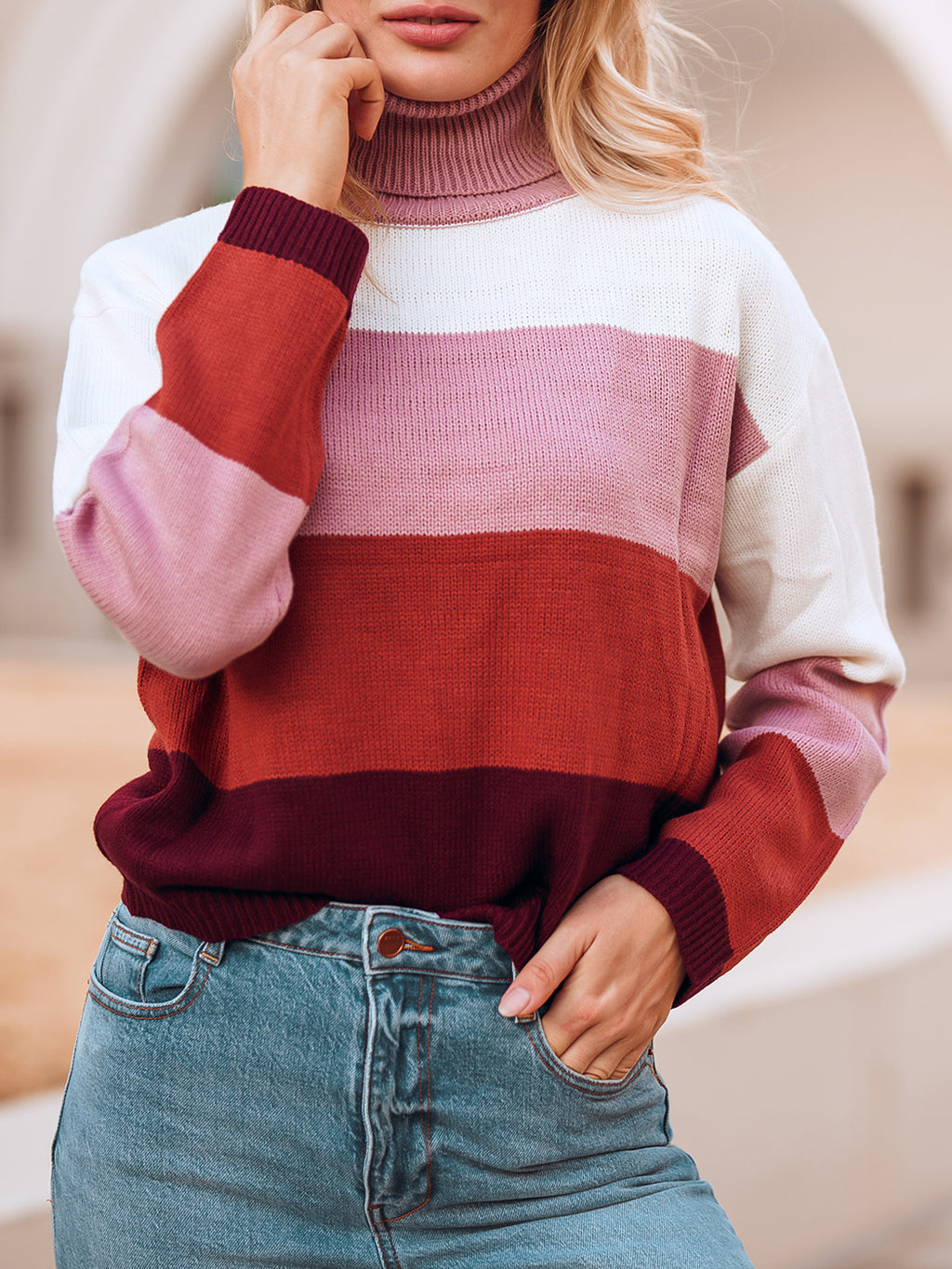 Color Block Turtleneck Cozy Sweater