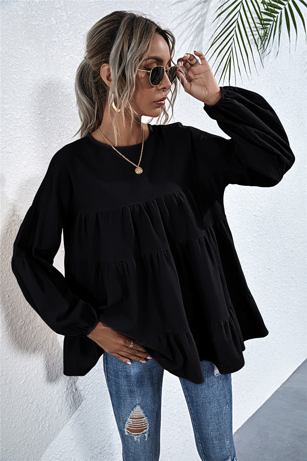 Blusa de manga larga con volantes fruncidos 