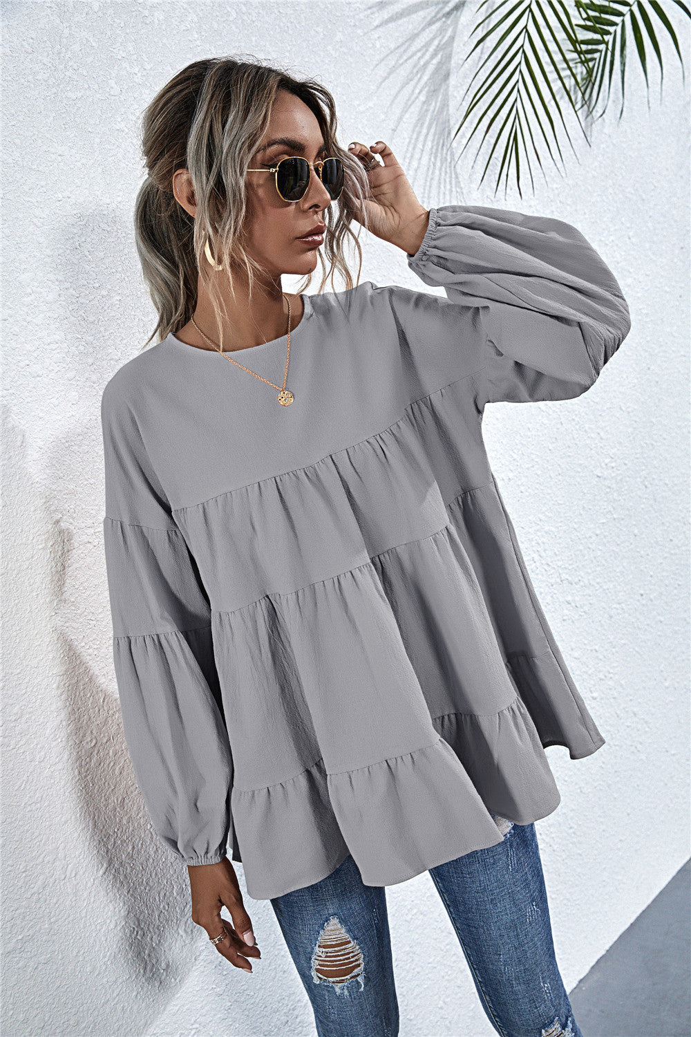 Blusa de manga larga con volantes fruncidos 