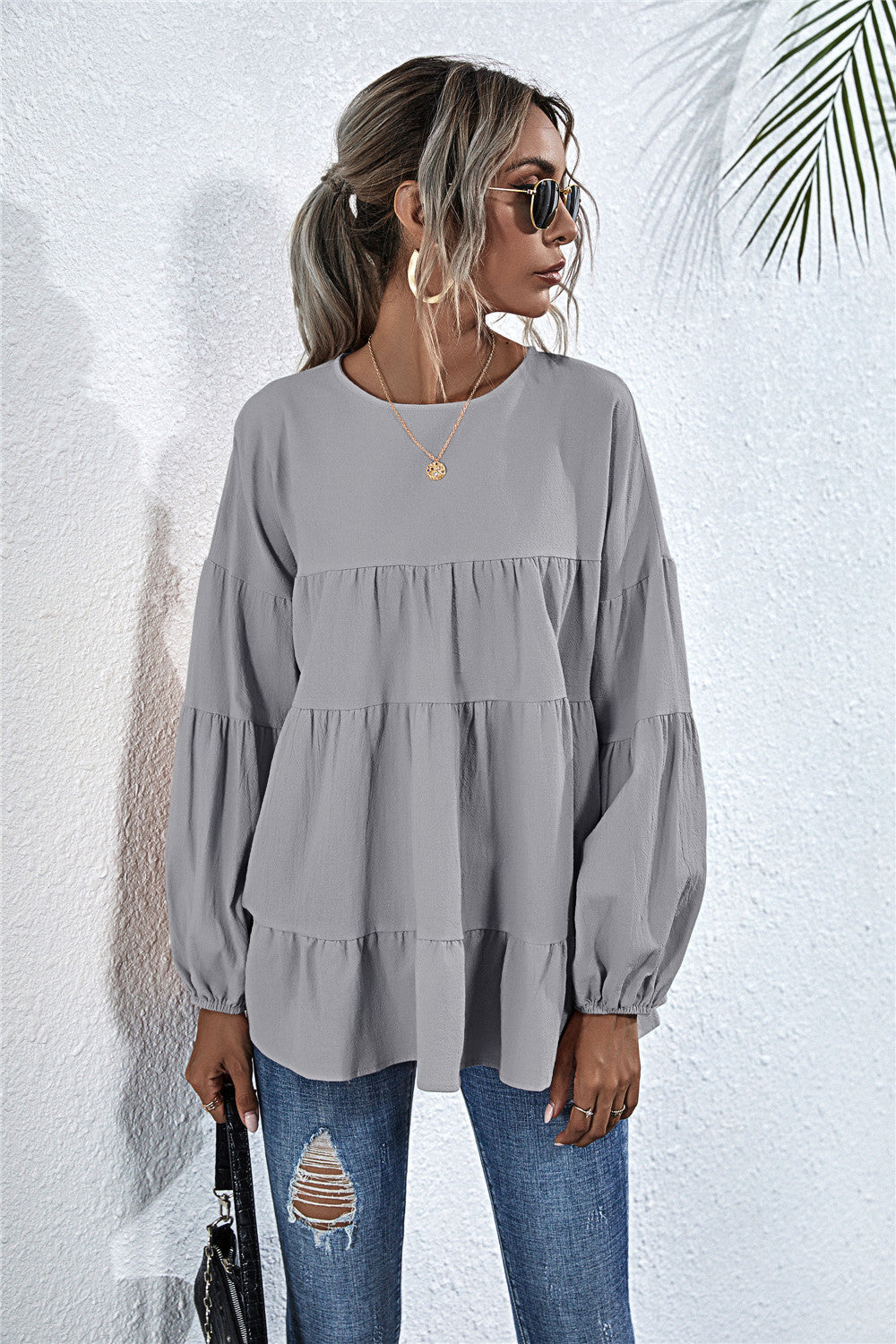 Blusa de manga larga con volantes fruncidos 