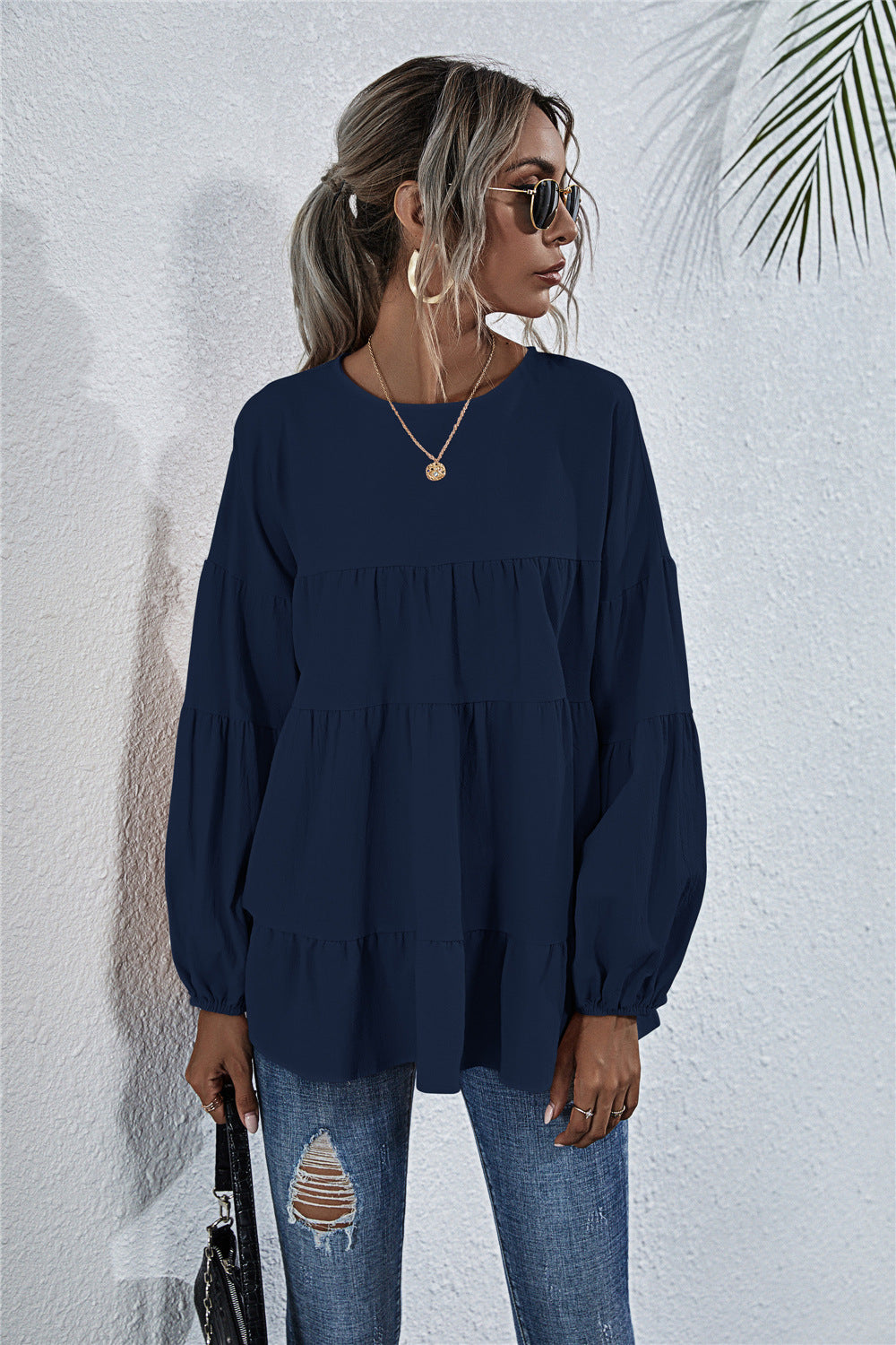 Blusa de manga larga con volantes fruncidos 