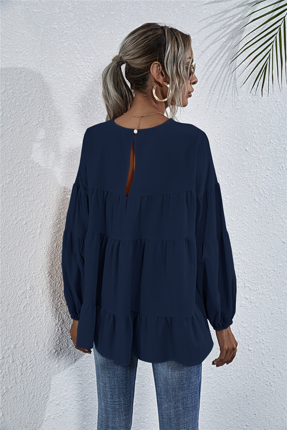 Blusa de manga larga con volantes fruncidos 