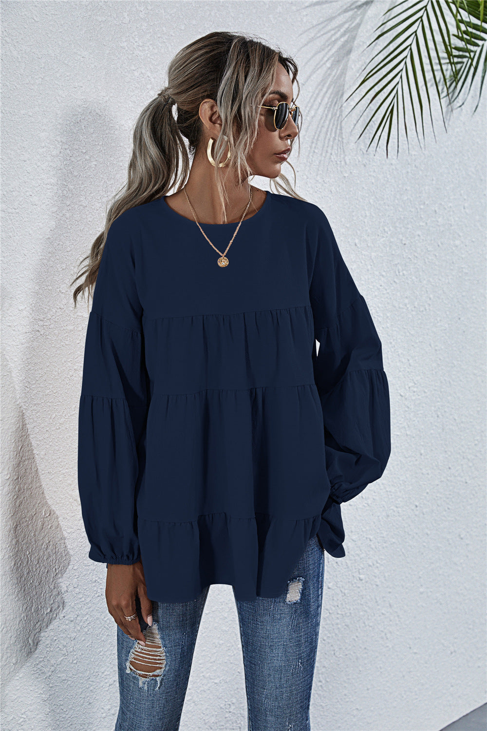 Blusa de manga larga con volantes fruncidos 