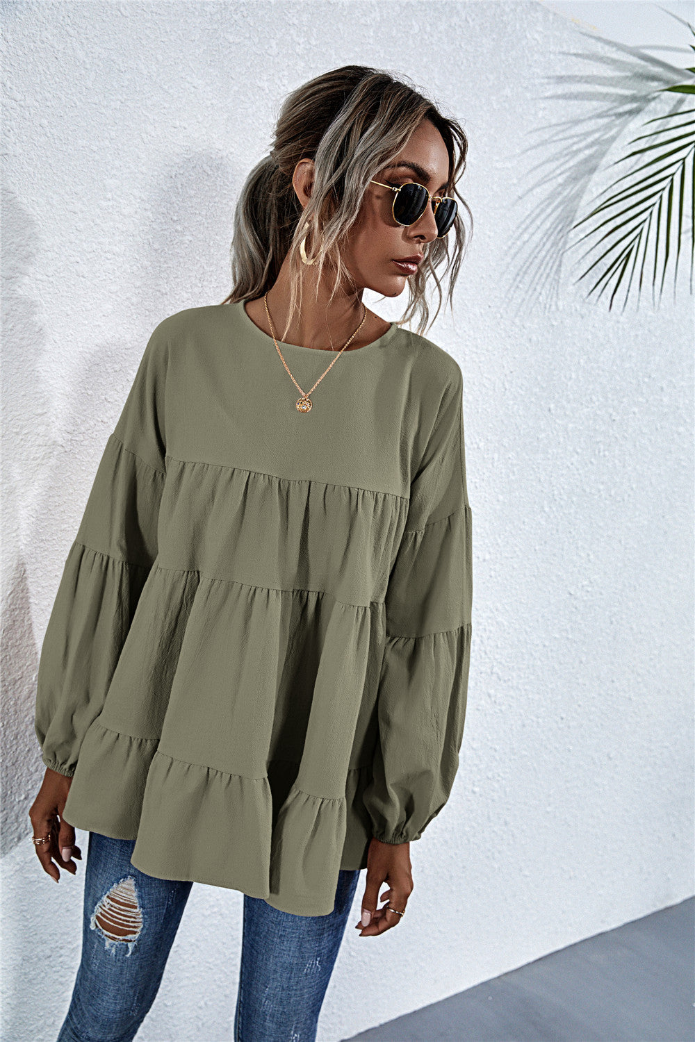Blusa de manga larga con volantes fruncidos 