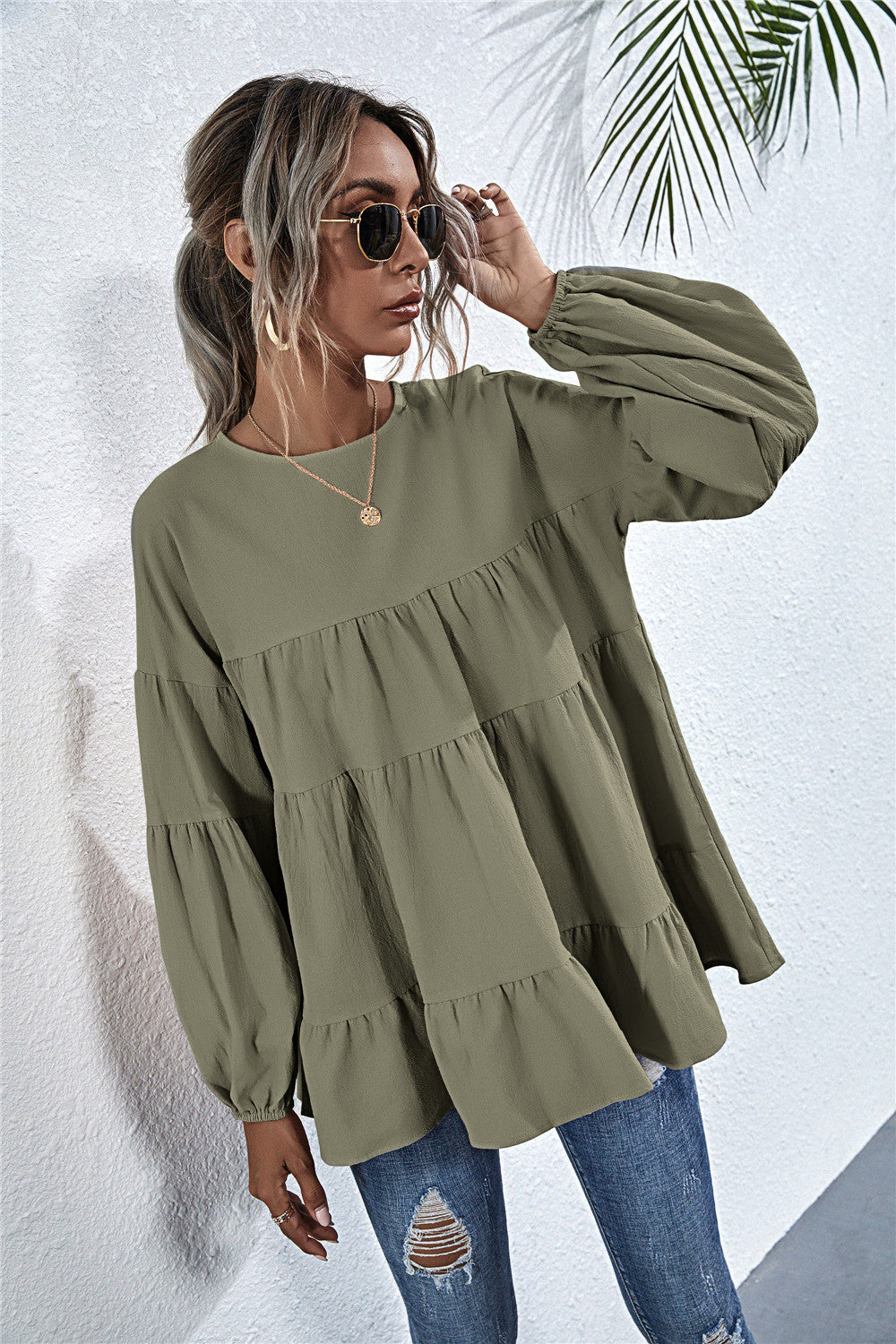 Blusa de manga larga con volantes fruncidos 