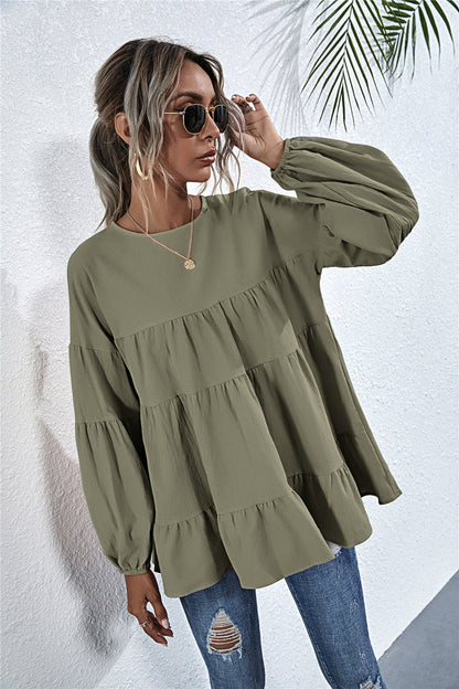 Blusa de manga larga con volantes fruncidos 