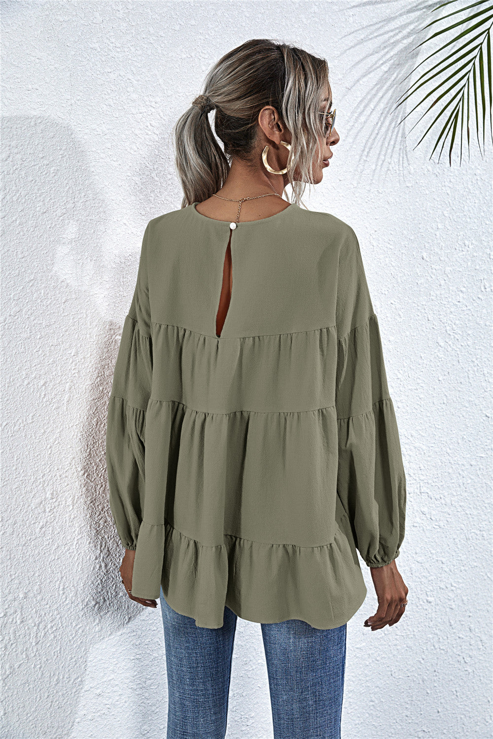 Blusa de manga larga con volantes fruncidos 